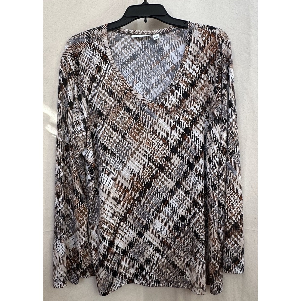Susan Graver Women's XL Liquid Knit V Neck Top Brown Geo L/S‎ Stretch Office